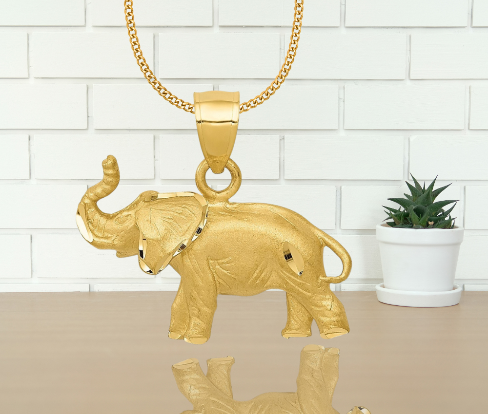 10k or 14k Yellow Gold Solid Satin Elephant Pendant Necklace - 12x19mm