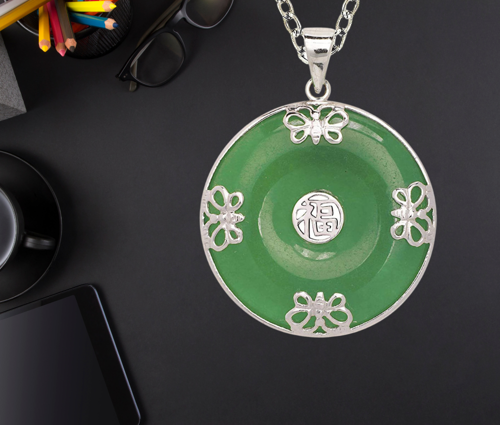 925 Sterling Silver Rhodium Green Jade Round Ornate Butterfly Disc Pendant Necklace - 25x32mm