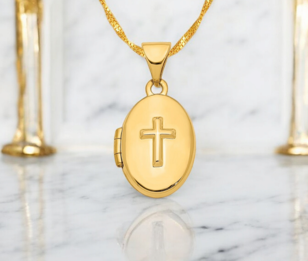 14k Yellow Gold Small 2 Photo Cross Oval Locket Necklace - 10.9mm x 21mm