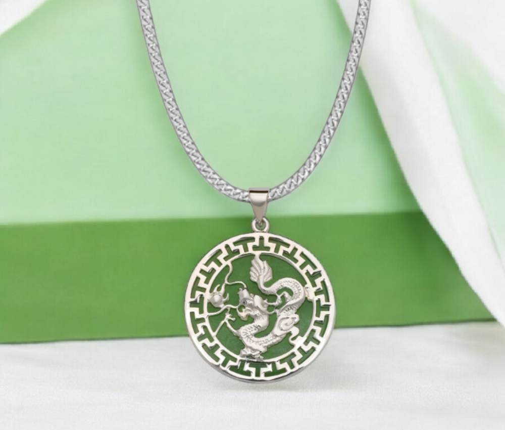 Sterling Silver 18” Green Jade Dragon Greek Key Circle Necklace - 26mm x 32mm - jade necklace women - good luck amulet - Dragon Necklace