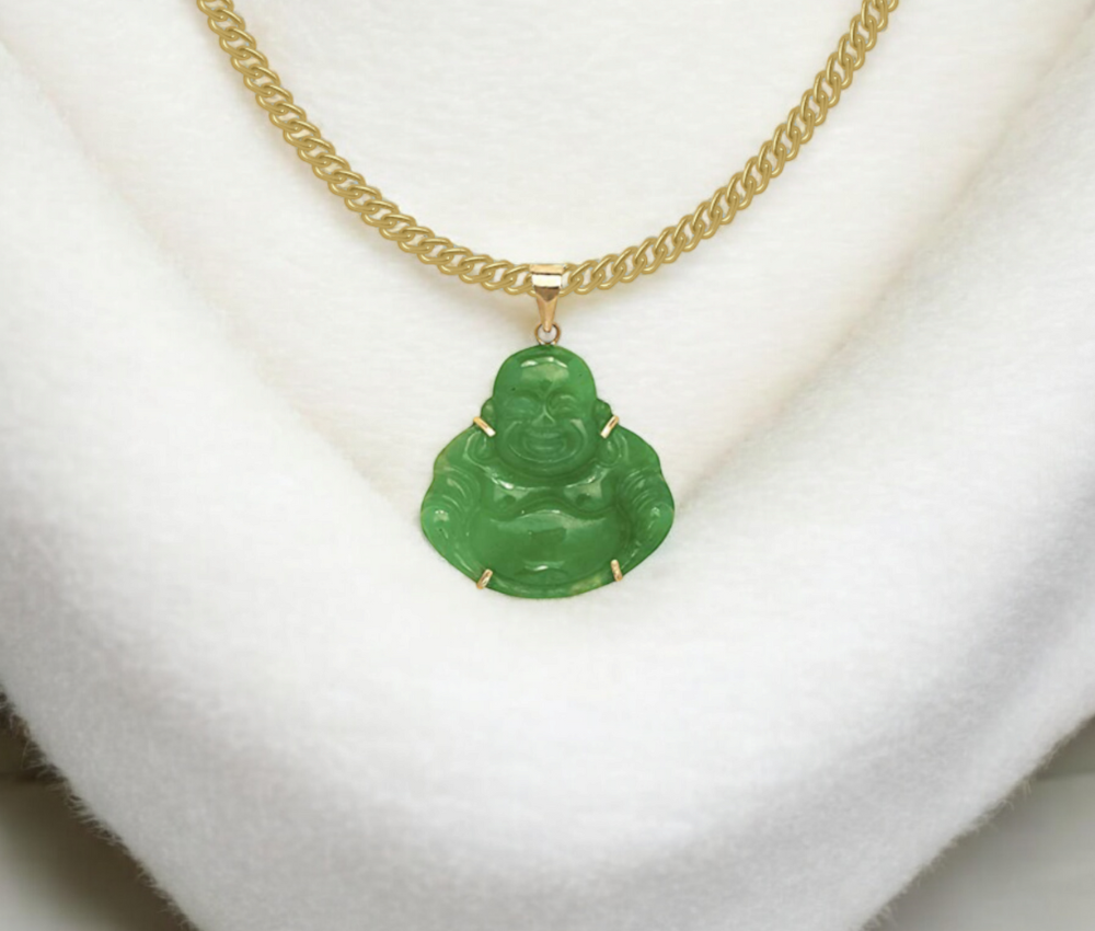 14k Jade Carved Smiling Buddha Pendant Necklace - 24x30mm - 8 Gemstone Options