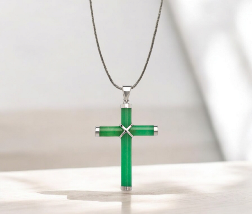 14k Yellow Gold Onyx, Turquoise, Lapis Lazuli and Green or Lavender Jade Cross Pendant