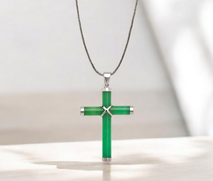 14k Yellow Gold Onyx, Turquoise, Lapis Lazuli and Green or Lavender Jade Cross Pendant