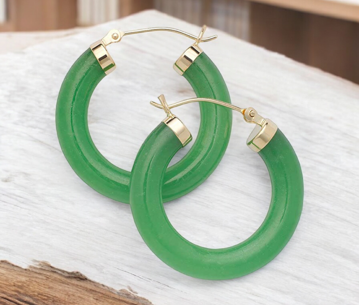 Sterling Silver and Rhodium Green or Lavender Jade or Black Onyx Tube Hoop Earrings - 4mm x 26mm