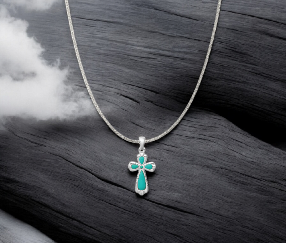 925 Sterling Silver Simulated Turquoise Flared Cross Pendant Necklace - 16x25mm