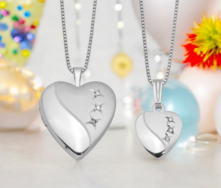 Sterling Silver Genuine Diamond Heart Locket Necklace for Mother and Daughter -  Valentines Day Gift - Mothers Day Gift - Matching Gift