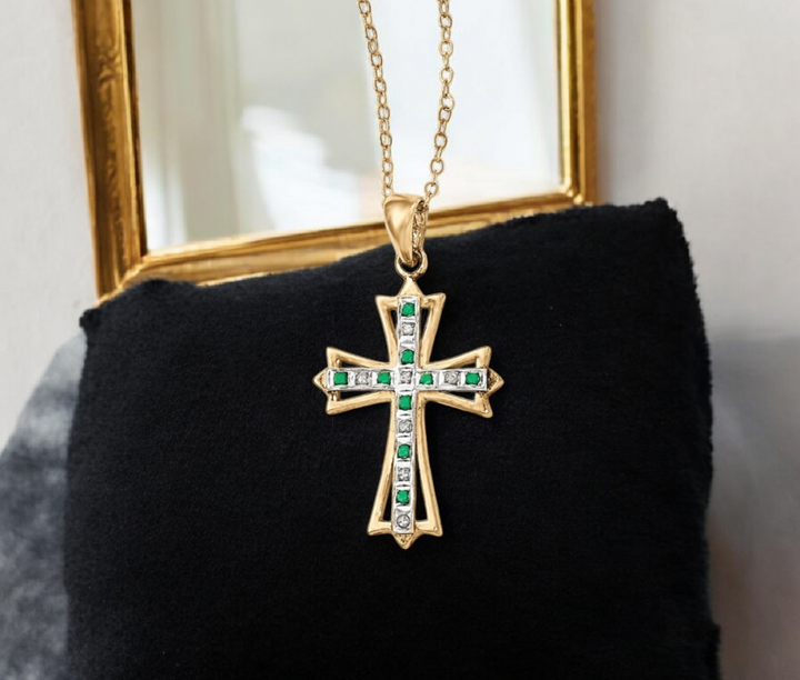 925 Sterling Silver Plated Genuine Diamond and Emerald Cross Necklace