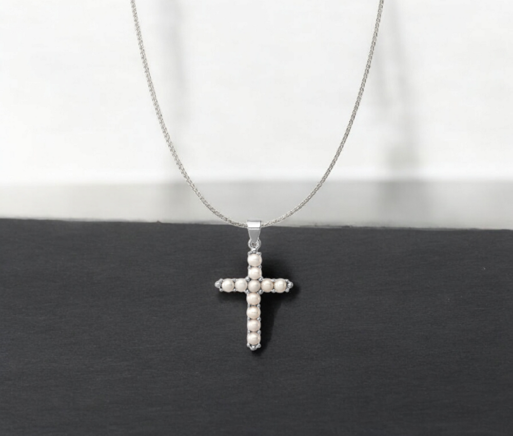 925 Sterling Silver Freshwater Cultured Pearl Cross Pendant - 25x32mm