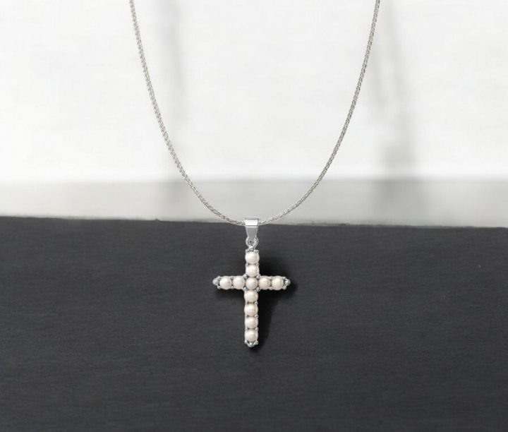 925 Sterling Silver Freshwater Cultured Pearl Cross Pendant - 25x32mm