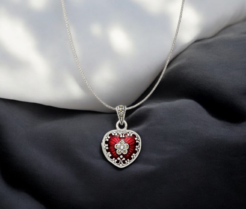 925 Sterling Silver Red Enamel and Marcasite Heart Photo Locket Necklace