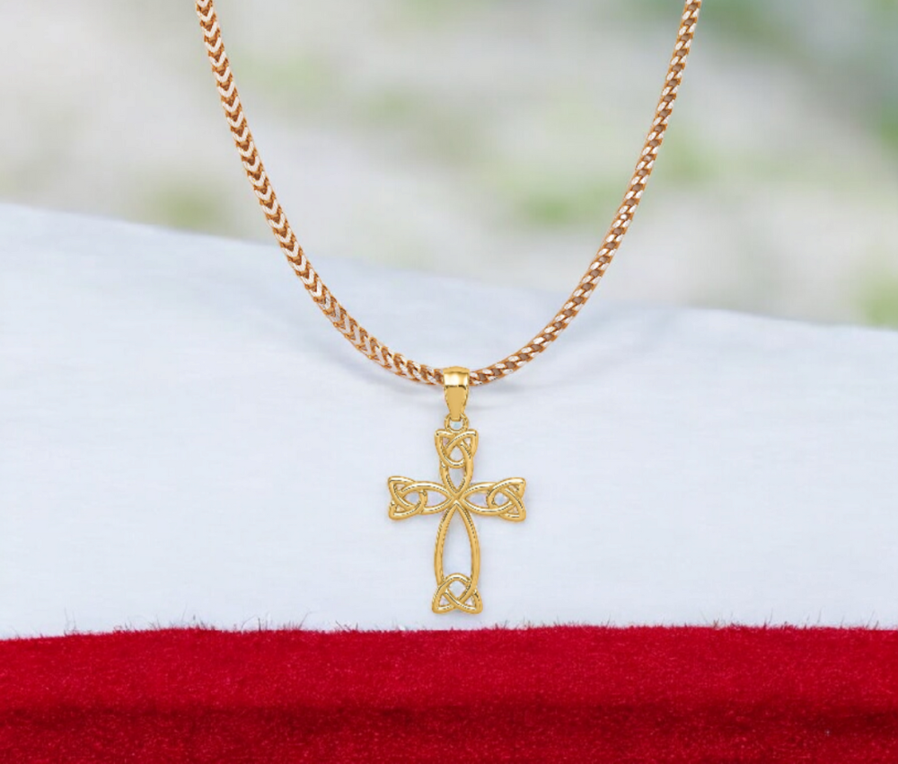 14k Yellow Gold Irish Celtic Trinity Knot Cross Pendant Necklace - 14x24mm