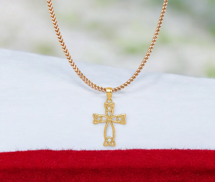 14k Yellow Gold Irish Celtic Trinity Knot Cross Pendant Necklace - 14x24mm