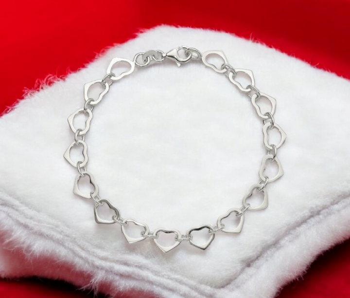 925 Sterling Silver 7" Polished Love Heart Link Bracelet