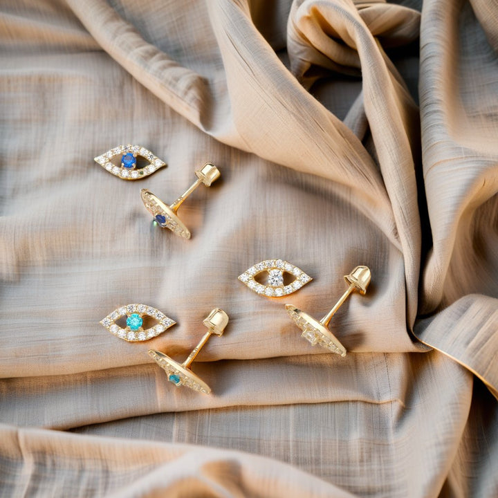 14k Yellow Gold Simulated Diamond Evil Eye Screw Back Earrings - Protection Earrings - Blue Eye Earrings - Safety back - Real 14k Gold