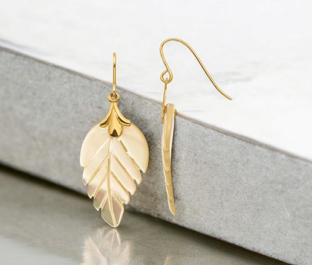 14k Yellow Gold Mother of Pearl Leaf Long Drop Dangle Earrings - 32x12mm - Fall jewelry - Gift for mom -  Gold Leaf Earrings