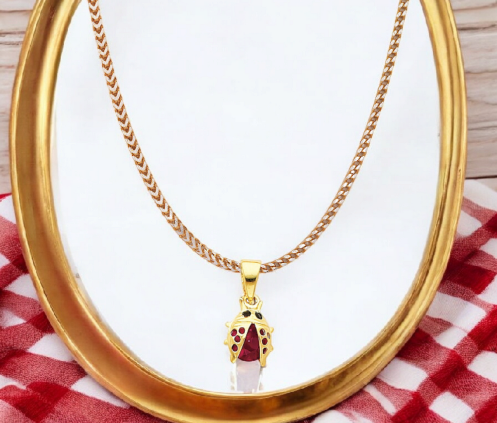 14k Yellow Gold Red Crystal Ladybug Pendant - 7x8mm