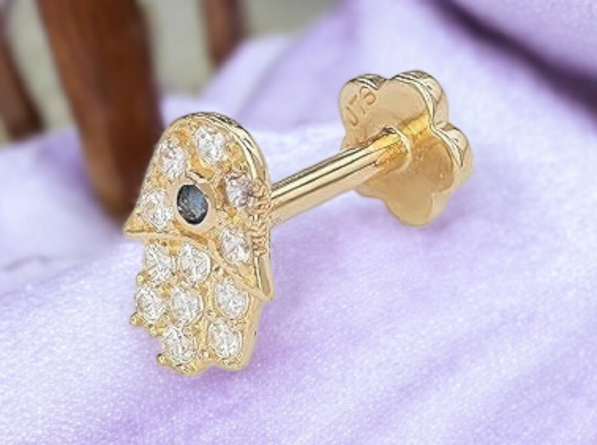 14k Yellow Gold 18G Cubic Zirconia Hamsa Conch Tragus Helix Piercing