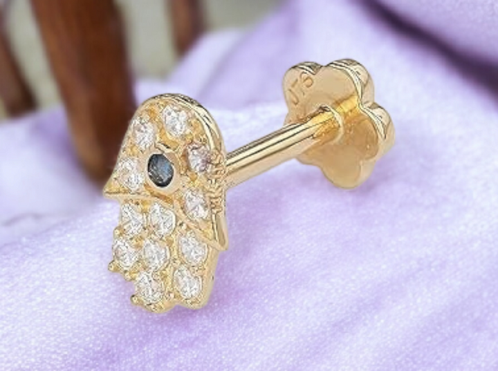 14k Yellow Gold 18G Cubic Zirconia Hamsa Hand of God Conch Tragus Helix Piercing Jewelry - 4mm x 7mm - Flat Back Stud Earring