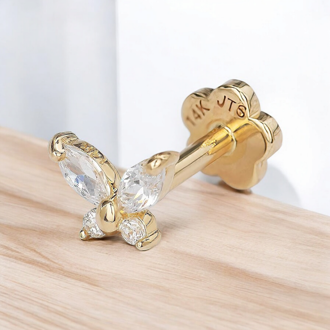 14k Yellow Gold 18G Marquise Cubic Zirconia Butterfly Conch Tragus Helix Piercing Jewelry - 5mm x 4mm - Flat Back Stud Earring