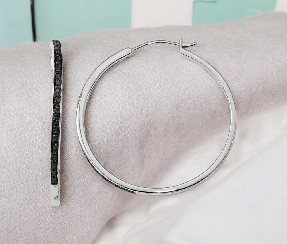 Sterling Silver 2mm Genuine Black Diamond Hoop Earrings - 20mm 30mm 40mm