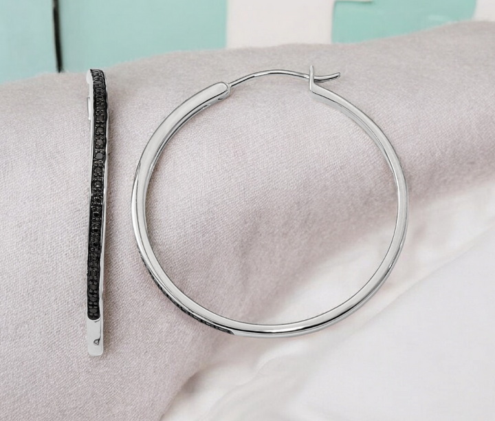 Sterling Silver 2mm Genuine Black Diamond Hoop Earrings - 20mm 30mm 40mm