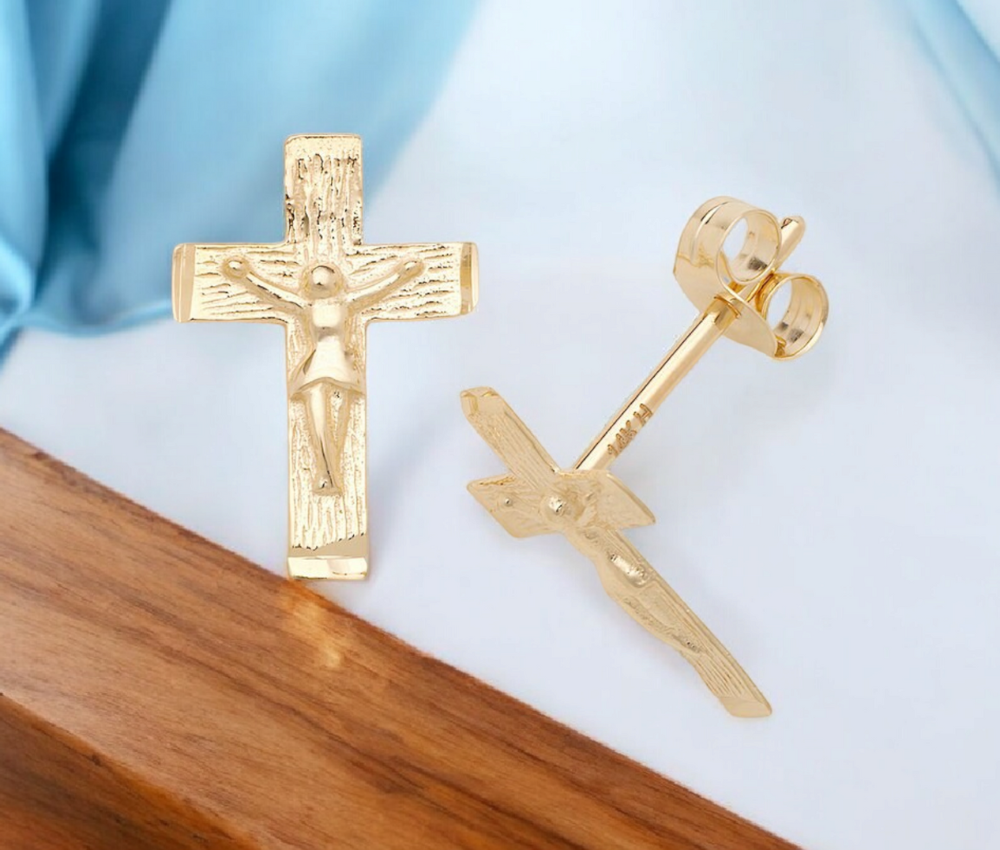 Solid 14k Yellow Gold Textured Crucifix Cross Post Stud Earrings for Girls - 7mmx11mm - First Communion Gift - Baptism Gift - Non Tarnish