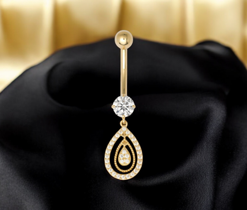 10k Yellow Gold 14G Tear Drop CZ Dangling Belly Ring
