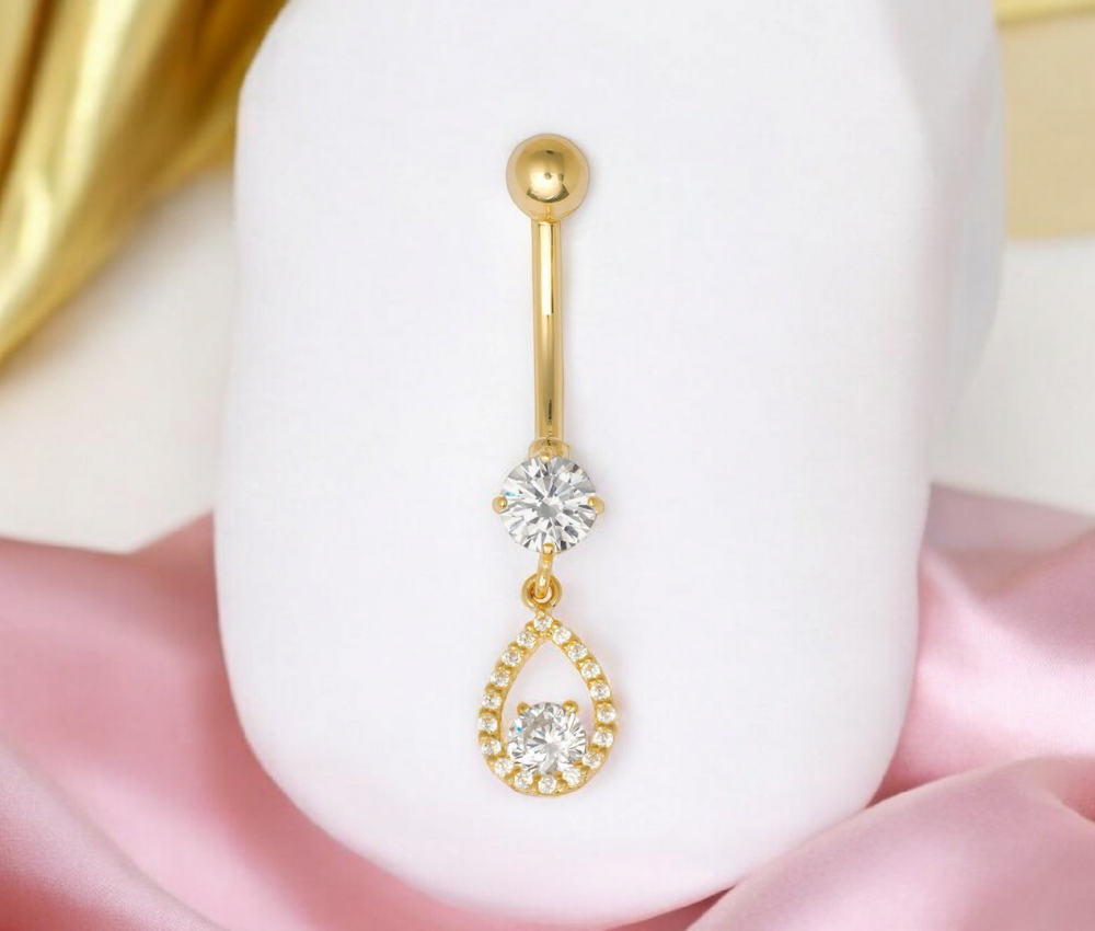 10k Yellow Gold Tear Drop CZ Dangling Belly Ring
