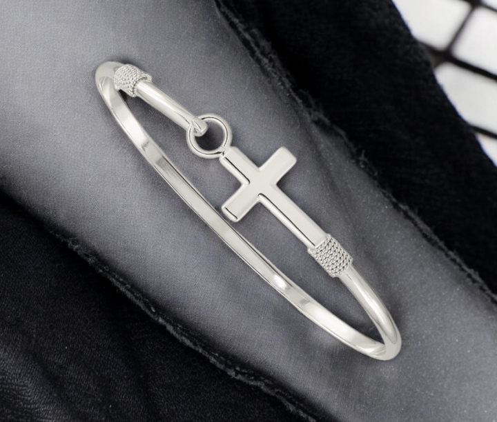 925 Sterling Silver or Gold Plated Polished Sideways Cross Stackable Bangle Bracelet