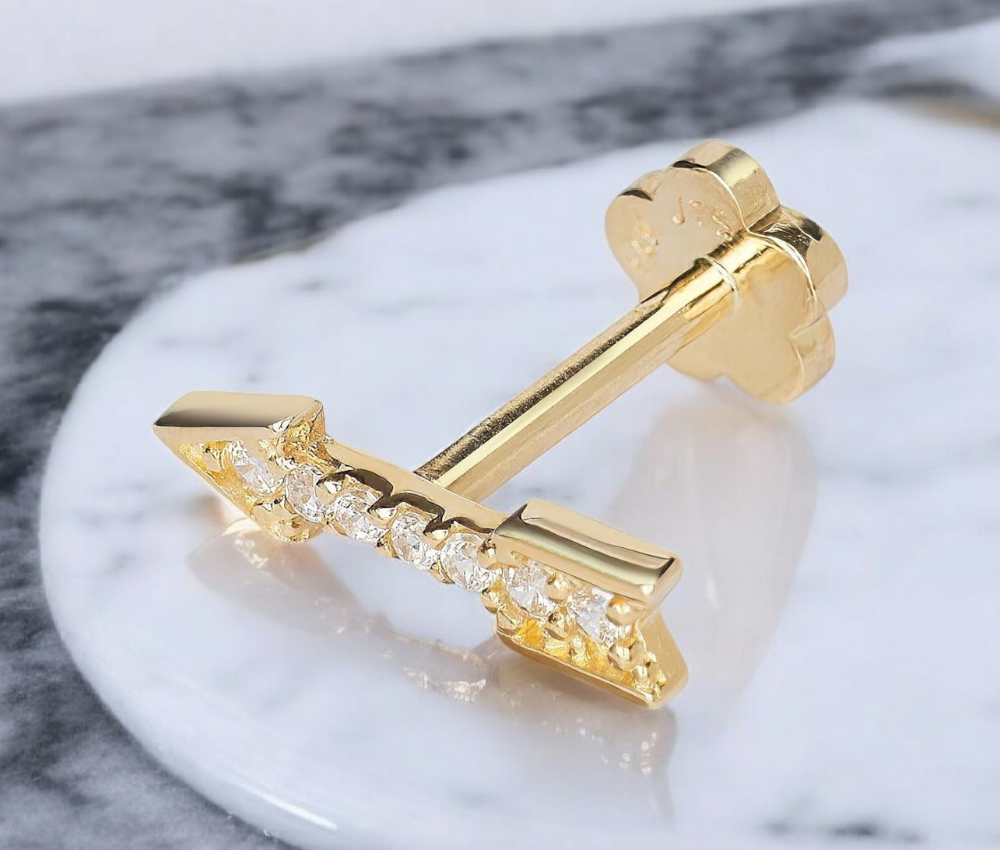 14k Yellow Gold 18G Cubic Zirconia Arrow Tragus Helix Piercing - 2x10mm