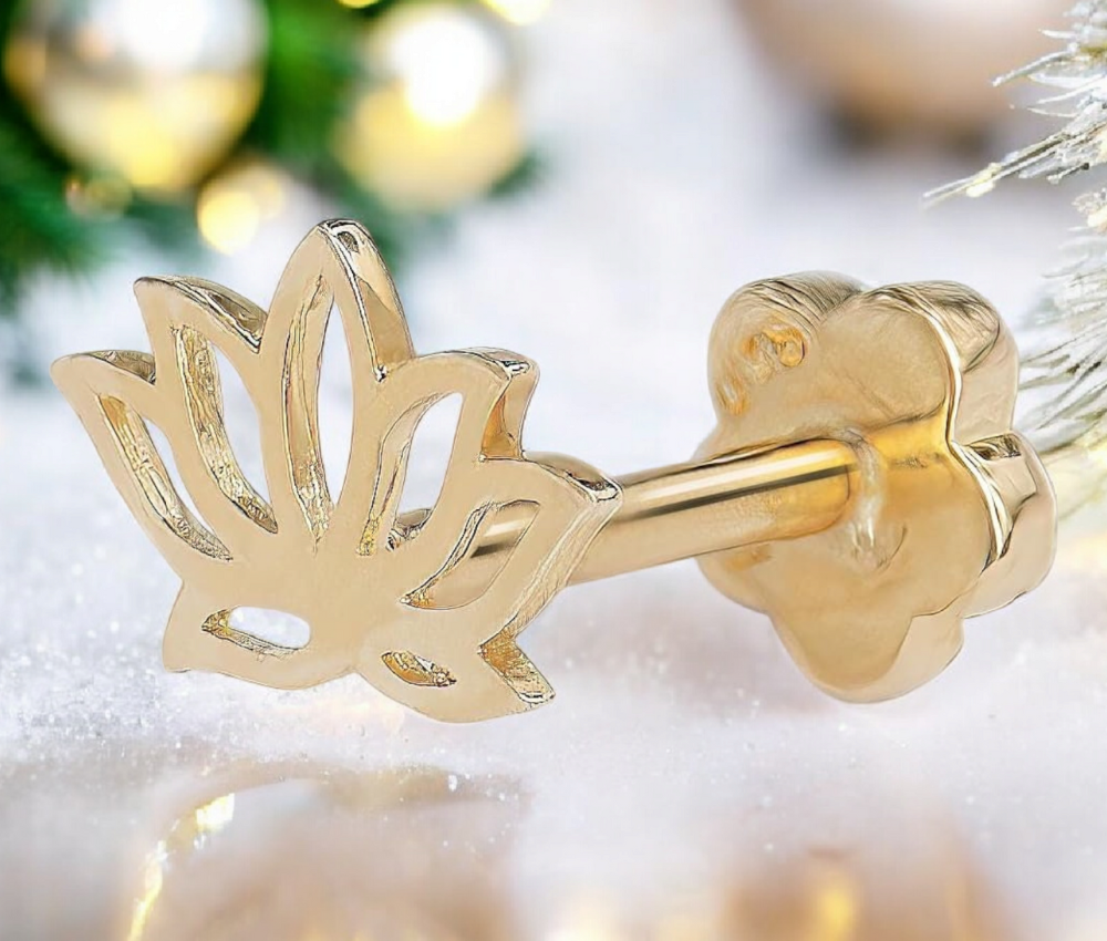 14k Yellow Gold 18G Polished Lotus Flower Conch Tragus Helix Piercing - 6x5mm