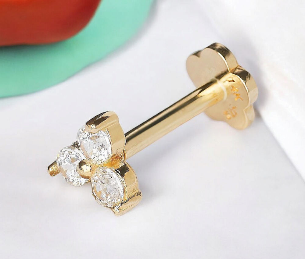 14k Yellow Gold 18G Cubic Zirconia Trinity 3-Stone Conch Tragus Helix Piercing