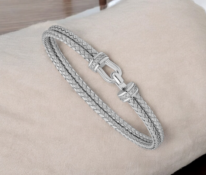 925 Sterling Silver Bali Horseshoe Lock Woven Cubic Zirconia Flexible Bangle Bracelet