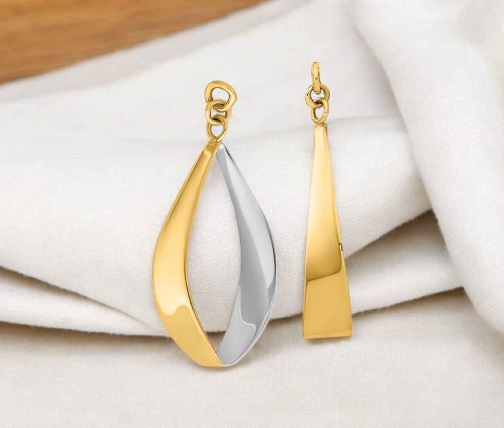 14k Yellow Gold Polished and Rhodium Reversible Long Drop Dangle Earrings Jackets - 24x17mm - Fits up to an 8mm Stud - Earring Jackets Women