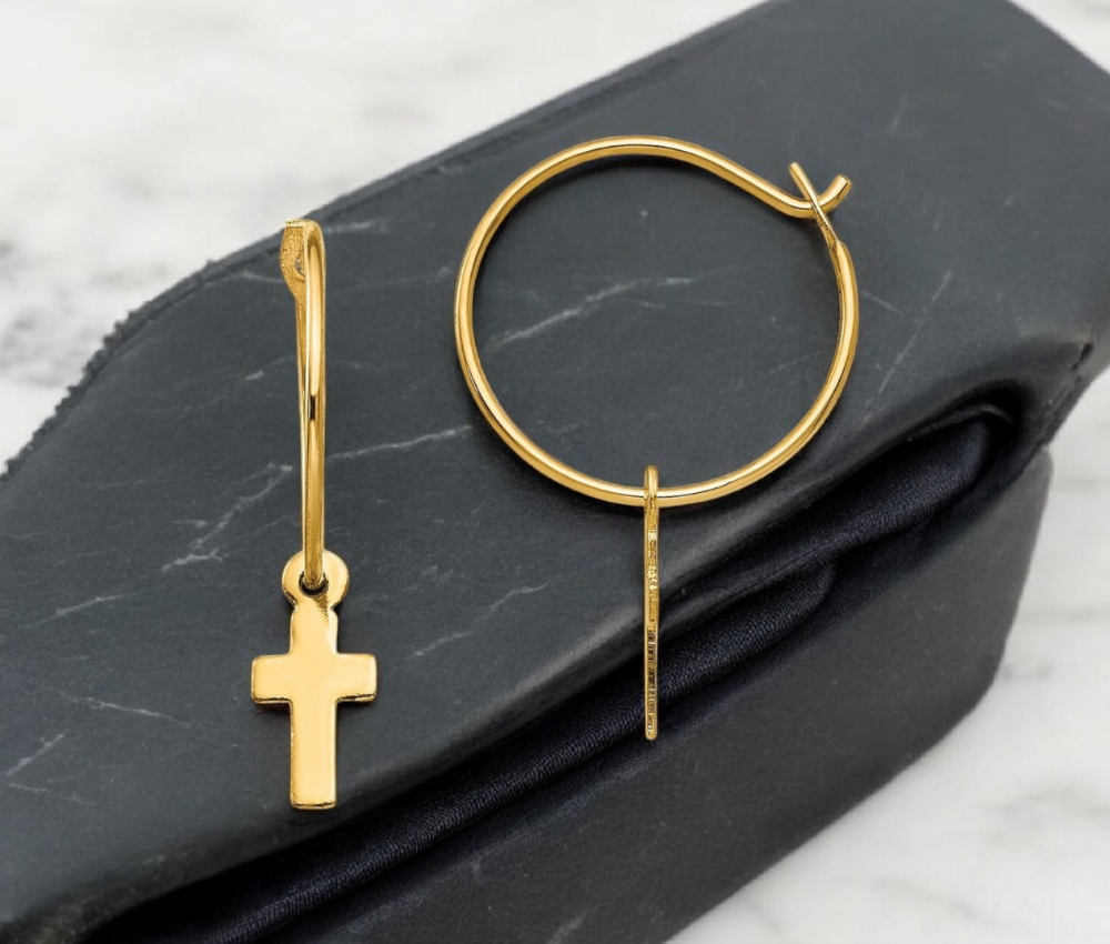 14k Yellow Gold Small Cross Polished Endless 9x9mm Hoop Earrings