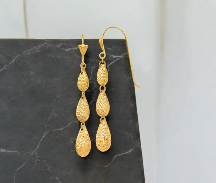 14k Yellow Gold Puffed Diamond-cut Teardrop 3-Tier Dangle Earrings