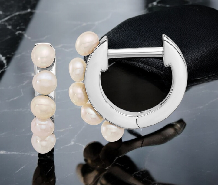 925 Sterling Silver Rhodium Plated 2.5-3mm Freshwater Cultured Pearl Hinged Hoop Earrings - 2.5x14.75mm - Pearl Huggies Earrings for Women