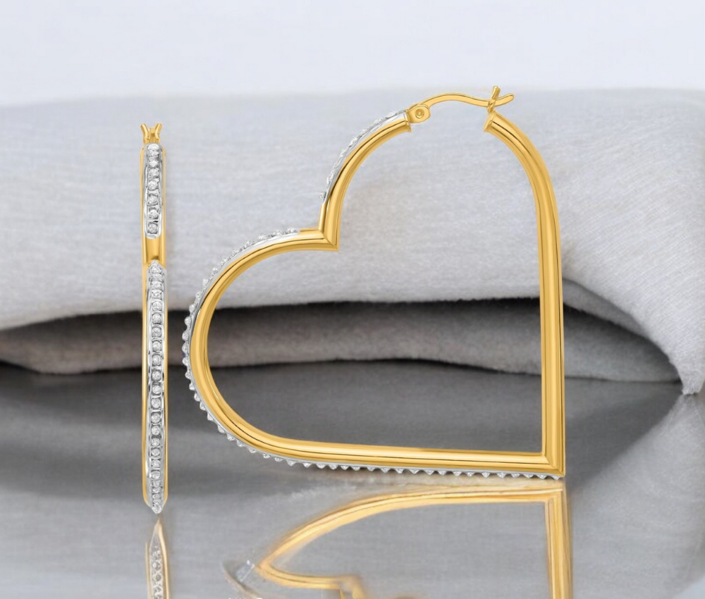 Sterling Silver 18k Gold Plated Diamond Large Heart Hoop Earrings - 3x53mm