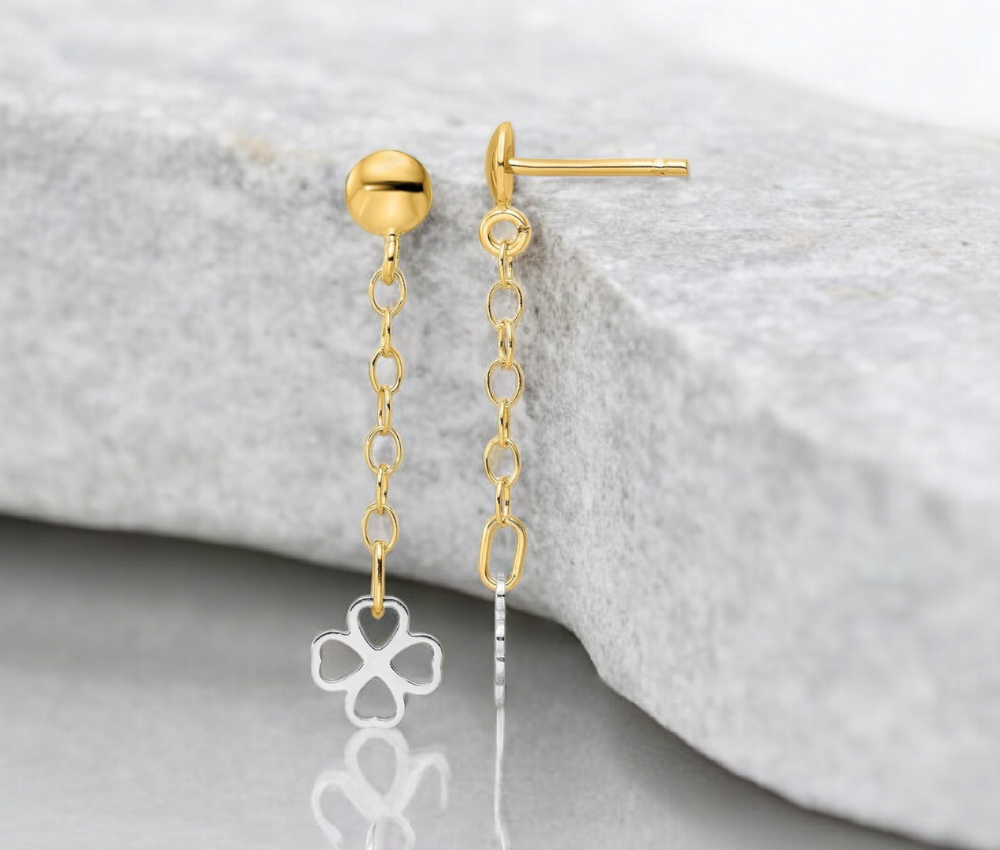 14k Two tone Gold Polished Dangle Clover Post Earrings - 31x7mm