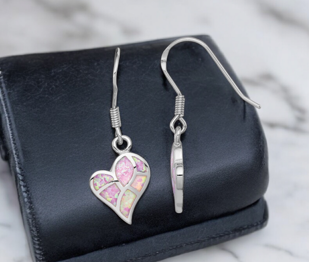 925 Sterling Silver Created Pink Opal Inlay Abstract Heart Dangle Earrings -34x12.7mm - Minimalist Heart Earrings for Women Girls