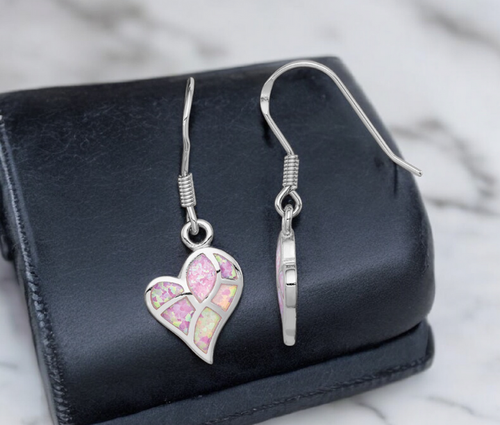 925 Sterling Silver Created Pink Opal Inlay Abstract Heart Dangle Earrings -34x12.7mm - Minimalist Heart Earrings for Women Girls