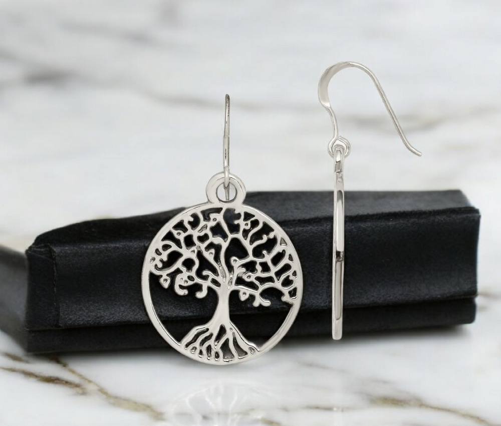 925 Sterling Silver Large Tree Of Life  Dangle Hook Earrings