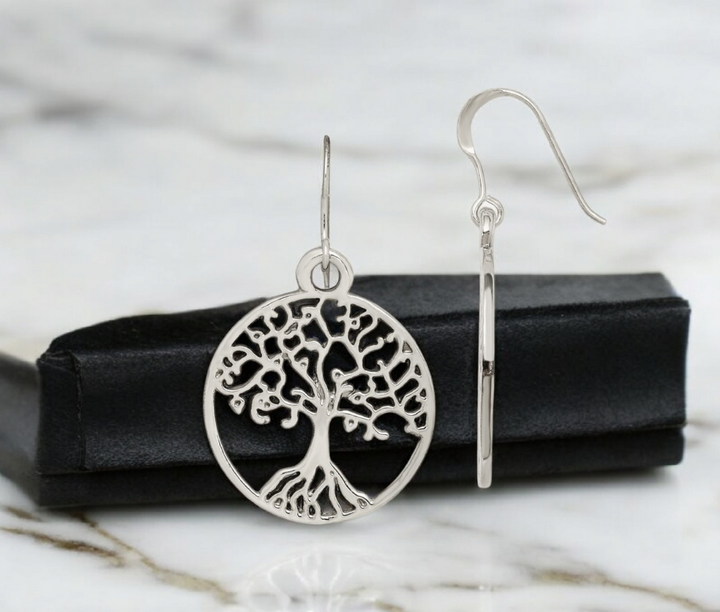 925 Sterling Silver Large Tree Of Life  Dangle Hook Earrings