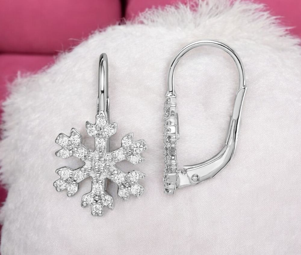 925 Sterling Silver CZ Cubic Zirconia Snowflake Lever back Earrings