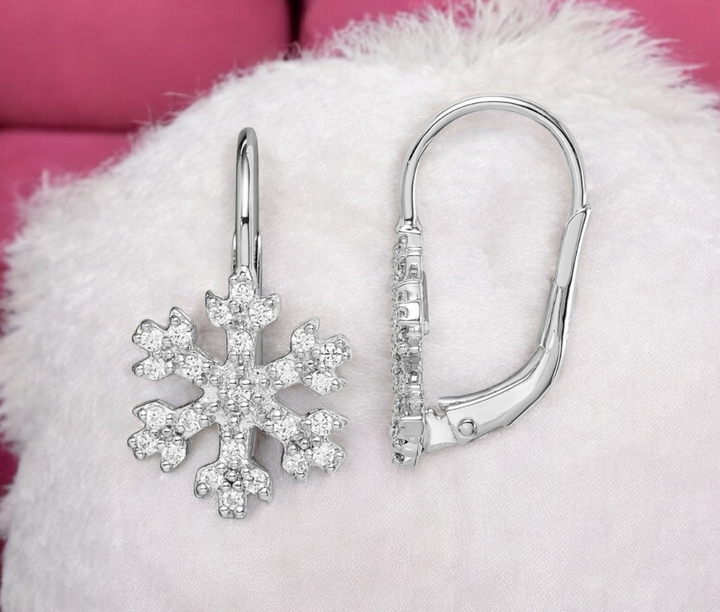 925 Sterling Silver CZ Cubic Zirconia Snowflake Lever back Earrings