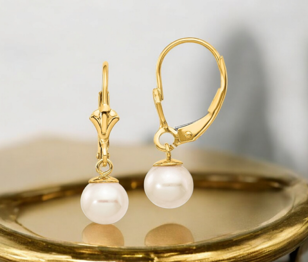 14k Yellow Gold Dangle Polished 6mm Freshwater Cultured Pearl Lever back Earrings