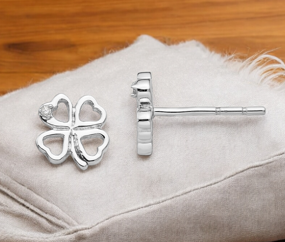 925 Sterling Silver Small 8mm Genuine Diamond Clover Post Earrings