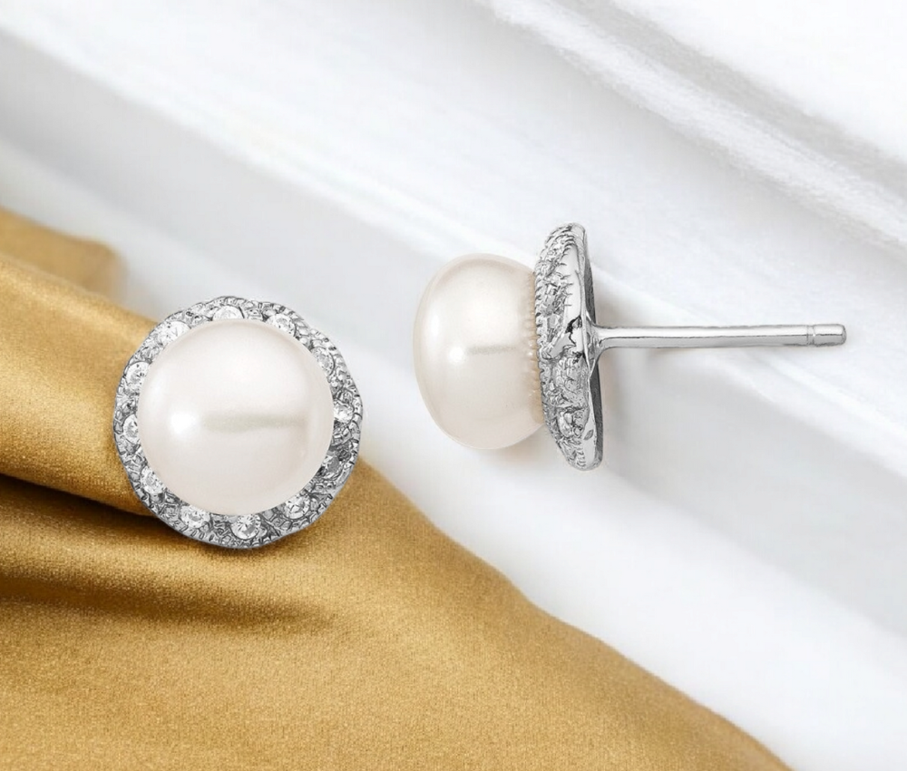 925 Sterling Silver Cubic Zirconia White Freshwater Cultured Pearl Halo Stud Earrings