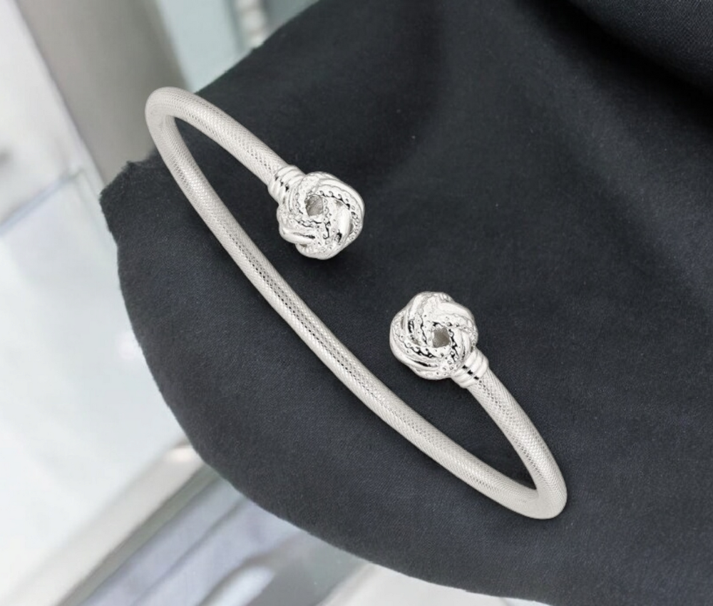 925 Sterling Silver Rhodium or Gold-plated Textured Love Knot Cuff Stackable Bangle Bracelet