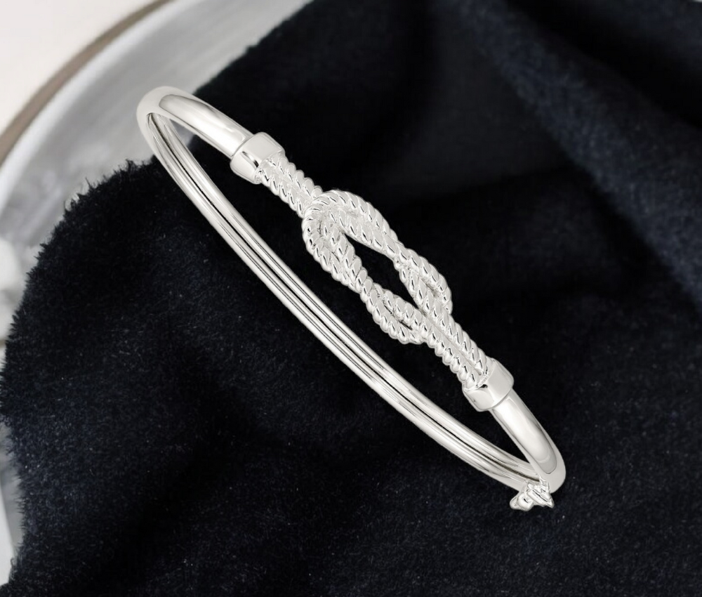 925 Sterling Silver Ribbed Love Knot Slip On Bangle Bracelet